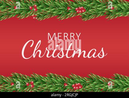 Vektor-Weihnachtsbanner. Hintergrund mit realistisch aussehenden Weihnachtsbaumzweigen, dekoriert mit Beeren und Weihnachtsbaumzweigen. Stock Vektor
