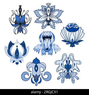 Exotisches, handgezogenes Blumenset. Isoliert auf weißem Hintergrund. Stock Vektor