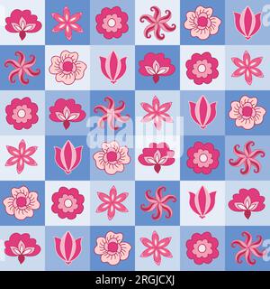 Kobaltblauer karierter Hintergrund mit pinkfarbenen Blumen. Nahtloses Muster. Stock Vektor
