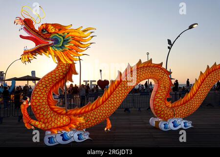 Tel Aviv, Israel. 9. Aug. 2023. Besucher besuchen am 9. August 2023 die Chinesische Lantern-Ausstellung in Tel Aviv, Israel. Auf der Chinesischen Lantern-Ausstellung in Tel Aviv werden verschiedene Laternen von einem Team aus der Provinz Sichuan in der Stadt Zigong im Südwesten Chinas hergestellt. Kredit: Gil Cohen Magen/Xinhua/Alamy Live News Stockfoto