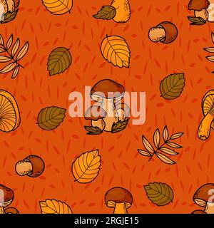 Nahtloses Herbstmuster. Waldpilzporcini und Pfifferlinge auf hellem orangefarbenem Hintergrund mit bunten Herbstblättern. Vektordarstellung . Stock Vektor