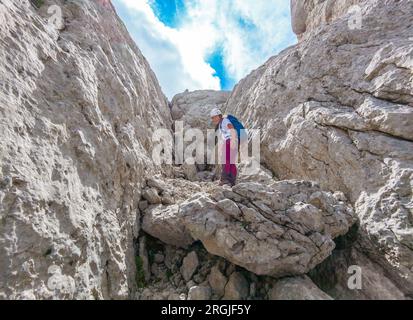 Gran Sasso, Italien - die extreme Wanderung zum Gipfel des Corno Piccolo, über 2600 Meter in den Abruzzen, mit Canalone Nord Klettern und alpinistischem Weg Stockfoto