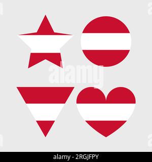 Österreichische Flaggenvektorsymbole in Form von Herz, Stern, Kreis und Karte. Stock Vektor