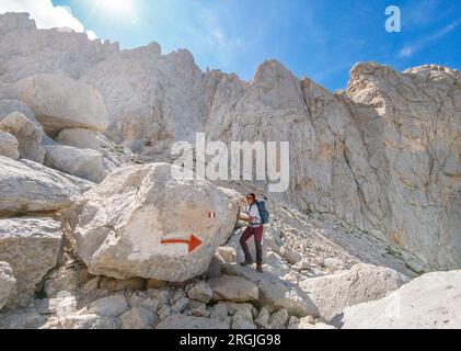 Gran Sasso, Italien - die extreme Wanderung zum Gipfel des Corno Piccolo, über 2600 Meter in den Abruzzen, mit Canalone Nord Klettern und alpinistischem Weg Stockfoto