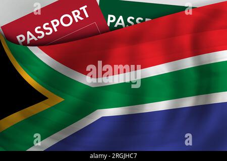 Hintergrund der südafrikanischen Flagge und Reisepass der südafrikanischen Republik. Staatsbürgerschaft, legale Einwanderung, Visum, Geschäfts- und Reisekonzept. Stockfoto