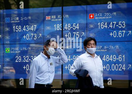 Tokio, Japan. 10. Aug. 2023. Die Leute gehen an einer elektronischen Börse vorbei, die die weltweiten Aktienmärkte zeigt, die der japanische Nikkei Stock Average mit 32473,65 Punkten im Zentrum von Tokio um 269,32 Punkte geschlossen hat. (Kreditbild: © Rodrigo Reyes Marin/ZUMA Press Wire) NUR REDAKTIONELLE VERWENDUNG! Nicht für den kommerziellen GEBRAUCH! Kredit: ZUMA Press, Inc./Alamy Live News Stockfoto