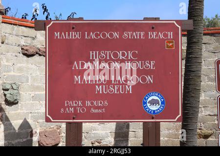 Malibu, Kalifornien: Detailansicht des Historic ADAMSON House and Park am 23200 Pacific Coast Highway, Malibu Lagoon State Beach Stockfoto