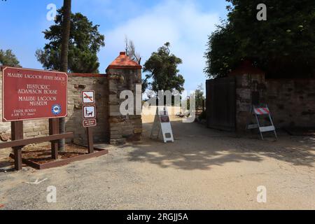 Malibu, Kalifornien: Detailansicht des Historic ADAMSON House and Park am 23200 Pacific Coast Highway, Malibu Lagoon State Beach Stockfoto