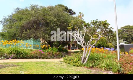 Malibu, Kalifornien: Detailansicht des Historic ADAMSON House and Park am 23200 Pacific Coast Highway, Malibu Lagoon State Beach Stockfoto