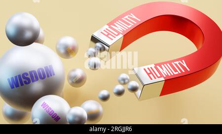 Bescheidenheit bringt Weisheit. Eine magnetische Metapher, in der Bescheidenheit viele Teile der Weisheit anzieht. Ursache-Wirkungs-Beziehung zwischen Demut und WI Stockfoto