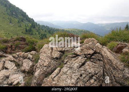 Natürliche Weitwinkellandschaft Landschaftslandschaft mit malerischem Blick auf die österreichischen alpen mit großem Felsen, vor einem grauen Himmel Stockfoto