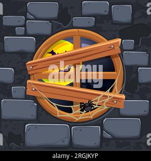 Halloween-Illustration mit Fenster und Mondnacht auf Steinwand-Hintergrund Stock Vektor