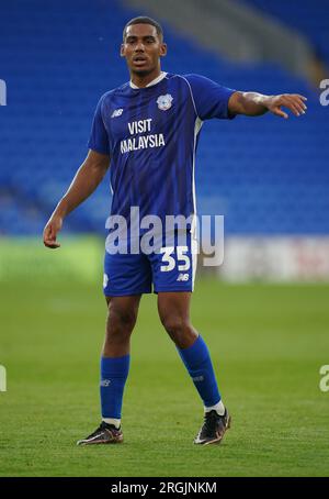 Andy Rinomhota von Cardiff City während des Carabao Cup-Spiels in der ersten Runde im Cardiff City Stadium, Cardiff. Bilddatum: Mittwoch, 9. August 2023. Stockfoto