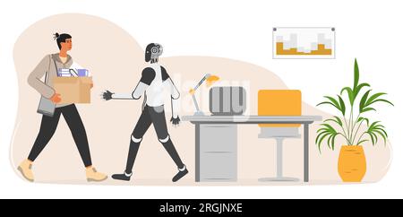 Der Mann kommt mit Box zur Arbeit. Roboter trifft sich, streckt ihre Hand zur Begrüßung aus. Personalbeschaffung. Zusammenarbeit, gemeinsame Arbeit. Bürokonzept. Stellen Sie bei ein Stock Vektor