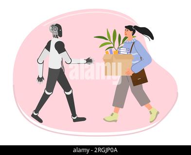 Das Mädchen kommt mit Box zur Arbeit. Roboter trifft sich, streckt ihre Hand zur Begrüßung aus. Personalbeschaffung. Zusammenarbeit, gemeinsame Arbeit. Bürokonzept. Stellen Sie bei ein Stock Vektor