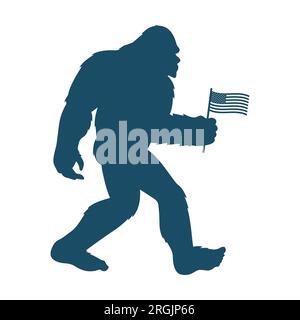 Bigfoot, großer Fuß, Sasquatch, Yeti mit amerikanischer Flagge auf weißem Hintergrund. Isolierte Darstellung. Stockfoto