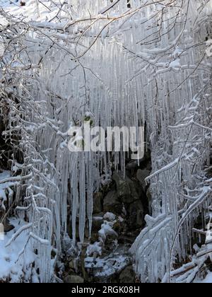 Winter-Wasserfall umgeben mit bläulichen Eiszapfen Stockfoto