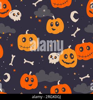 Handgezeichnetes nahtloses Halloween-Muster mit Kürbissen und Dekoration – ideal für Textilien, Banner, Tapeten, Umschläge – Vektordesign Stock Vektor