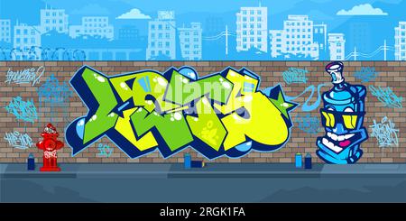 Trendige, Farbenfrohe Straßenart-Graffiti-Mauer Im Freien Mit Zeichnungen Vor Dem Hintergrund Der Stadtlandschaft Vector Illustration Stock Vektor