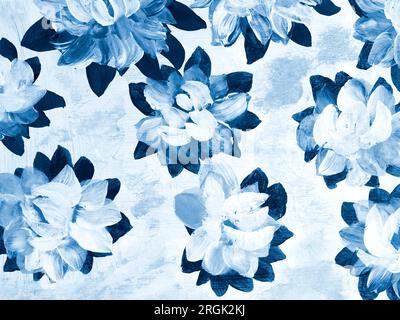 Abstrakte blaue Schwarzweißblumen, handgezeichnet, impressionistischer Stil, Farbstruktur, Pinselstriche von Farbe, Kunsthintergrund. Moderne Kunst. Kont Stockfoto
