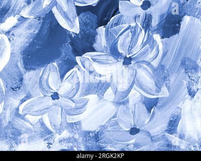 Abstrakte blaue Schwarzweißblumen, handgezeichnet, impressionistischer Stil, Farbstruktur, Pinselstriche von Farbe, Kunsthintergrund. Moderne Kunst. Kont Stockfoto