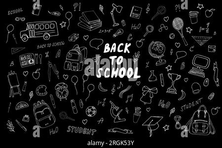 Set für Schulkinder und Schüler.Konzept für den Schulanfang mit Objekten.Schüler-Kritzeleien, Lernen, Unterricht, Schulwerkzeuge-Set. Stock Vektor