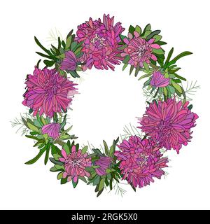 Von Hand gezeichneter Vektor mit Astern Blumen, Gänseblümchen, grünen Blättern, Kranz von Astern Stock Vektor