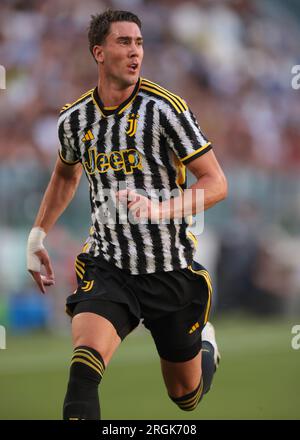 Juventus, Italien. 9. Aug. 2023. Dusan Vlahovic von Juventus während des Trainingskampfes im Allianz-Stadion, Turin. Foto: 9. August 2023. Der Bildausdruck sollte lauten: Jonathan Moscrop/Sportimage Credit: Sportimage Ltd/Alamy Live News Stockfoto