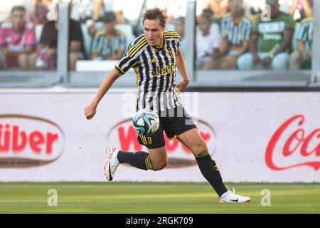 Juventus, Italien. 9. Aug. 2023. Federico Chiesa von Juventus während des Trainingskampfes im Allianz-Stadion, Turin. Foto: 9. August 2023. Der Bildausdruck sollte lauten: Jonathan Moscrop/Sportimage Credit: Sportimage Ltd/Alamy Live News Stockfoto