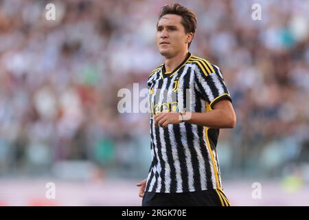 Juventus, Italien. 9. Aug. 2023. Federico Chiesa von Juventus während des Trainingskampfes im Allianz-Stadion, Turin. Foto: 9. August 2023. Der Bildausdruck sollte lauten: Jonathan Moscrop/Sportimage Credit: Sportimage Ltd/Alamy Live News Stockfoto