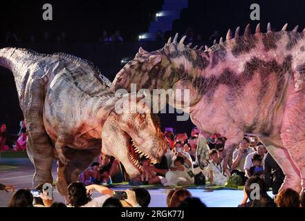 Yokohama, Japan. 10. Aug. 2023. Schauspieler in dinosaurierförmigen mechanischen Anzügen treten am Donnerstag, den 10. August 2023, in einer Dinosauriershow „Dino Safari Gigant“ in Yokohama, einem Vorort Tokios, auf. Sommerurlauber genießen eine Dinosaurier-Live-Show, die in Yokohama, Sendai und Osaka stattfindet. (Foto: Yoshio Tsunoda/AFLO) Stockfoto