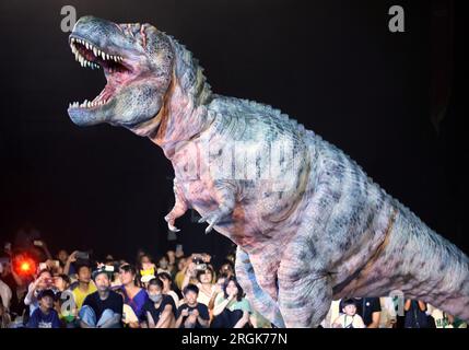 Yokohama, Japan. 10. Aug. 2023. Ein Schauspieler mit einem dinosaurierförmigen mechanischen Anzug tritt am Donnerstag, den 10. August 2023 in Yokohama, einem Vorort Tokios, bei einer Dinosauriershow „Dino Safari Gigant“ auf. Sommerurlauber genießen eine Dinosaurier-Live-Show, die in Yokohama, Sendai und Osaka stattfindet. (Foto: Yoshio Tsunoda/AFLO) Stockfoto