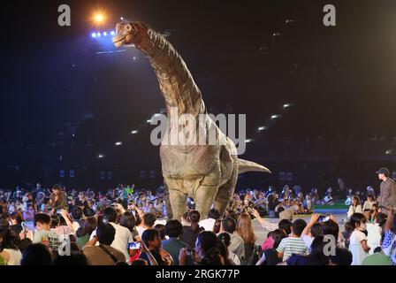 Yokohama, Japan. 10. Aug. 2023. Schauspieler in einem dinosaurierförmigen mechanischen Anzug treten am Donnerstag, den 10. August 2023, in einer Dinosauriershow „Dino Safari Gigant“ in Yokohama, einem Vorort Tokios, auf. Sommerurlauber genießen eine Dinosaurier-Live-Show, die in Yokohama, Sendai und Osaka stattfindet. (Foto: Yoshio Tsunoda/AFLO) Stockfoto