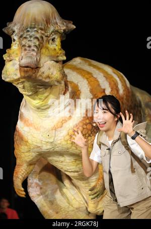 Yokohama, Japan. 10. Aug. 2023. Die japanische Schauspielerin Mariko Nakamura nimmt am Donnerstag, den 10. August 2023, an der Eröffnungszeremonie einer Dinosauriershow „Dino Safari Gigant“ in Yokohama, einem Vorort Tokios, Teil. Sommerurlauber genießen eine Dinosaurier-Live-Show, die in Yokohama, Sendai und Osaka stattfindet. (Foto: Yoshio Tsunoda/AFLO) Stockfoto