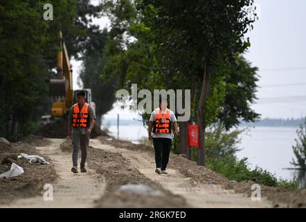 (230810) -- TIANJIN, 10. August 2023 (Xinhua) -- Anti-Flutpersonal Patrouille a Deich in Jinghai District, North China's Tianjin Municipality, 10. August 2023. Die lokalen Behörden haben die Hochwasserkontrolle und Katastrophenhilfe im Taitou-Abschnitt des Daqinghe-Flusses im Bezirk Jinghai der Gemeinde Tianjin in Nordchina fortgesetzt und den Bezirk auf Notfälle vorbereitet. (Xinhua/Zhao Zishuo) Stockfoto