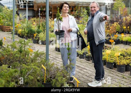 Ältere Paare wählen Pflanzen und Sträucher in Töpfen Stockfoto