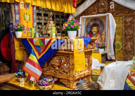 Indien, Ladakh, Zanskar, Bardan-Kloster, Hauptgebäude des Gebetssaals, Abbotsstuhl Stockfoto