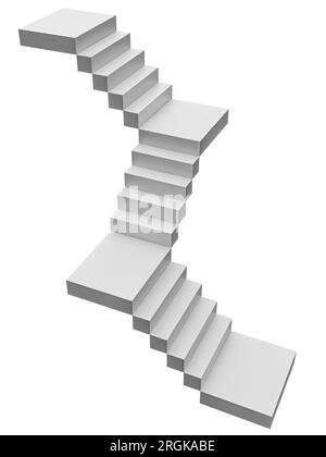Abstrakte und konzeptionelle Treppe. Treppen mit isolierten Stufen auf weißem Hintergrund Stockfoto