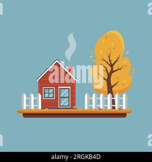 Herbstlandschaft. Rotes Haus, Zaun und Baum mit herabfallenden Blättern. Herbstsaison im Dorf. Vektordarstellung im flachen Cartoon-Stil. Stock Vektor