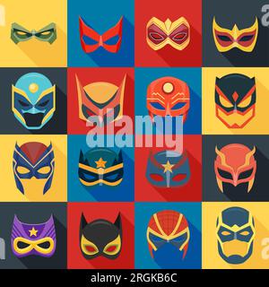 Vector Super Hero Masken in flacher Ausführung mit langem Schatten. Face Character, Superheld Comic Book Mask Collection. Superhelden Foto Requisiten, Damen und Herren Stock Vektor