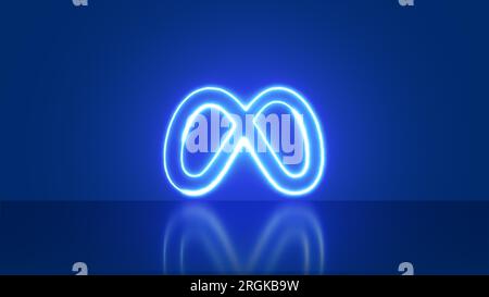 Madrid, Spanien - August 2023. Meta-Logo Neon auf blauem Hintergrund. Rebranding von Facebook, Instagram Whatsapp Messenger, Integration. Neonlicht. Stockfoto