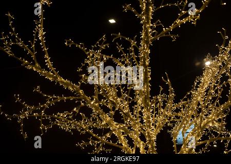 Baum in Girlanden im Park. Girlanden in der Stadt. Gelbe Glühbirnen auf Kunstholz. Straßendekoration für den Urlaub. Stockfoto