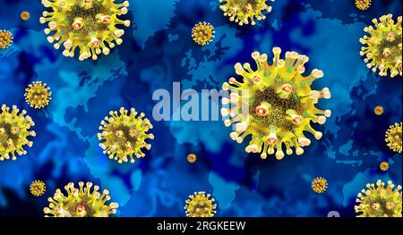 Neuer globaler Virusausbruch und Covid oder Covid-19 oder SARS-CoV-2 als mutierendes Coronavirus, das Virusvarianten mit mutierten genetischen Zellen erzeugt Stockfoto