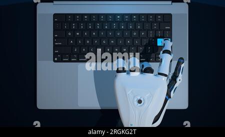 Ansicht von oben: Weiße, menschlich geformte Roboterhand drückt die Taste eines Aluminium-Laptops mit blauem Licht auf reflektierendem blauem Schreibtisch vor schwarzem Hintergrund. 3D Il Stockfoto