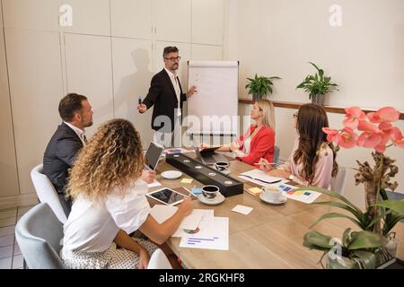 Geschäftsmann in der Nähe des Flipcharts hält die Präsentation für Kollegen, die an einem Konferenztisch in einem modernen Arbeitsbereich sitzen Stockfoto