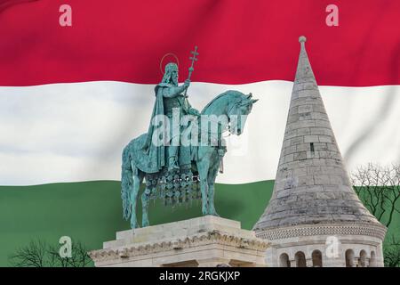 Statue st. stephen szent istvan mit ungarischer Flagge für die ungarische Nationalfeier im august 20 . Stockfoto
