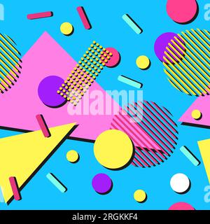 Nahtloses 90s-mm-geometrisches Muster. Lebendiges und trendiges Muster im Retro-1990er-Stil mit einfachen Formen. Flippige, abstrakte Vintage-Grafik für Stoff und Textil. Stock Vektor
