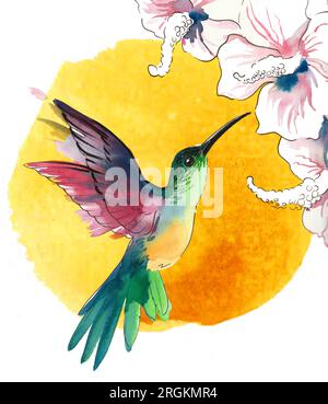 Fliegender Summvogel. Handgezeichnetes Aquarellgemälde Stockfoto