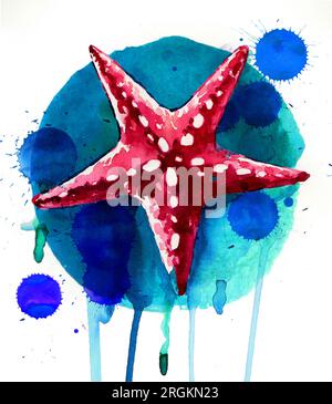 Roter Seestern auf blauem Hintergrund. Handgezeichnete Aquarelle, rote Seesterne auf blauem Hintergrund. Handgezeichnetes Aquarellgemälde Stockfoto