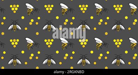 Nahtloses Vektormuster von Honig und Biene, Textur, Hintergrund in gelben und grauen Farben. Vektormuster für Honigetiketten, Verpackung. Eine durchgehende Stock Vektor